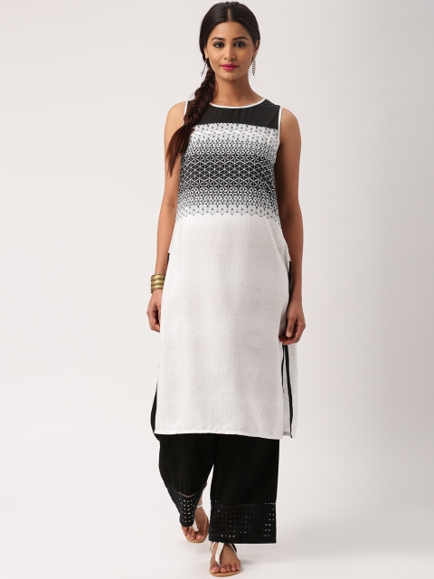 

IMARA Women Black & White Printed Straight Kurta
