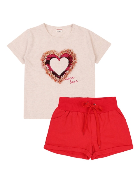 

RAINE AND JAINE Girls Off White & Red Embellished T-shirt with Shorts