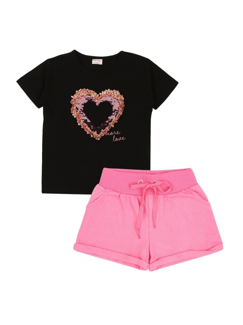

RAINE AND JAINE Girls Black & Pink Embellished Pure Cotton T Shirt with Shorts