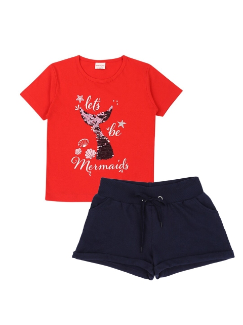 

RAINE AND JAINE Girls Red & Navy Blue Embellished Pure Cotton T-shirt with Shorts
