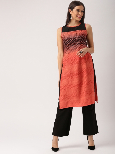 

IMARA Women Coral Red and Black Printed Straight Kurta