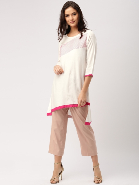 

IMARA Women White & Pink Solid A-Line High-Low Hem Kurta