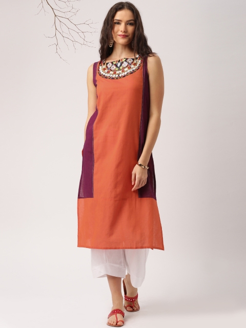 

IMARA Women Orange & Purple Embroidered A-Line Kurta