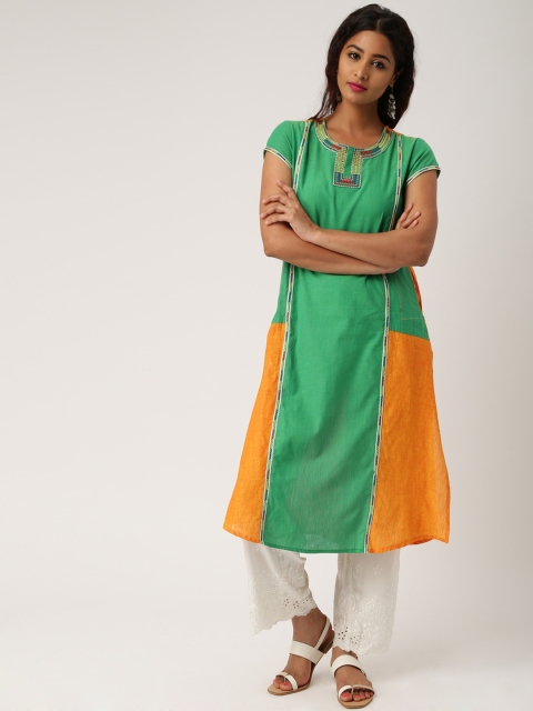 

IMARA Women Green & Orange Colourblocked Kurta
