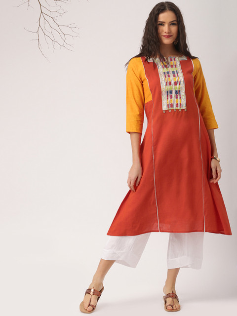 

IMARA Women Orange & Yellow Colourblocked A-Line Kurta