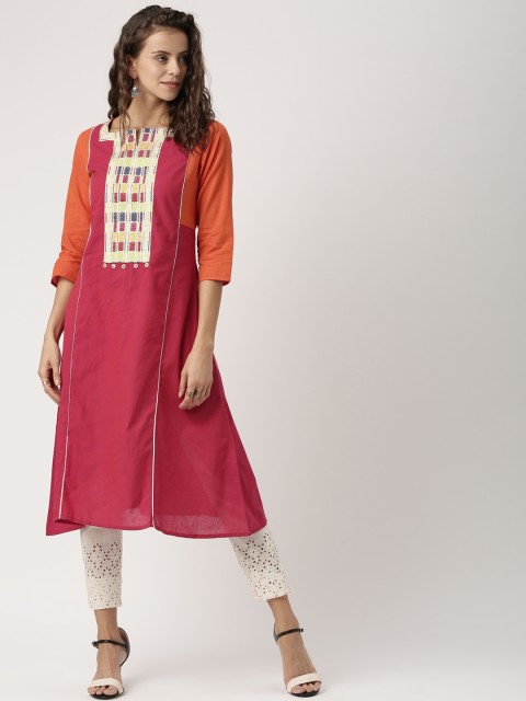 

IMARA Women Pink & Orange Embroidered A-Line Kurta