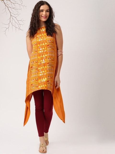 

IMARA Women Orange Printed Asymmetrical Hem A-Line Kurta