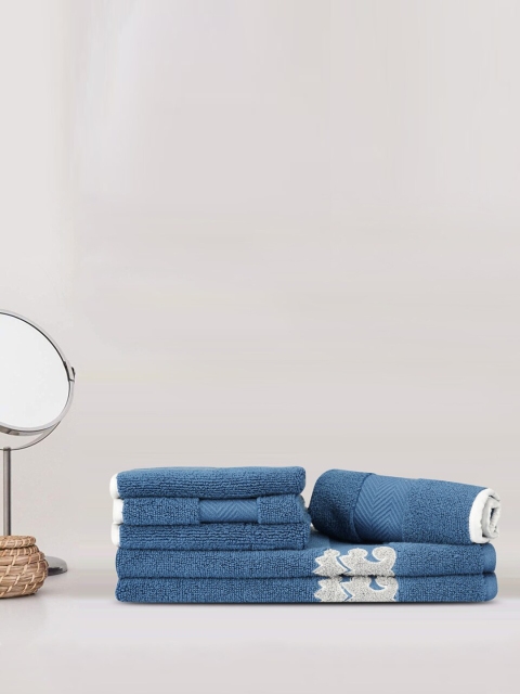 

LUSH & BEYOND Set Of 6 Blue & White Solid Pure Cotton 500 GSM Towel Set
