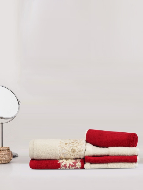 

LUSH & BEYOND Set Of 6 Red & Beige 500 GSM Pure Cotton Towel Set