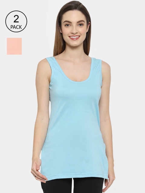

Floret Women Blue & Peach Pack Of 2 Solid Cotton Camisoles, Turquoise blue