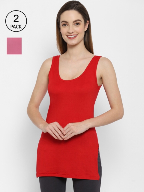

Floret Women Red & Rose Pink Pack Of 2 Solid Cotton Non-Padded Camisoles