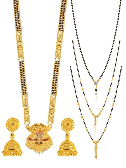 

Brandsoon Set Of 4 Gold-Plated & Black Beaded Mangalsutra With Earring Set, Multi