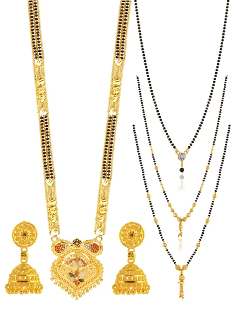 

Brandsoon Set Of 4 Gold-Plated Black Beaded Mangalsutra With Earrings, Multi