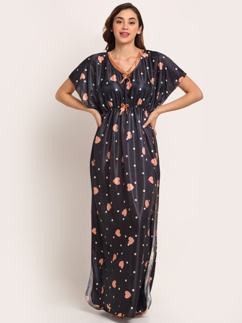 

Sidwa Black & Peach Printed Satin Maxi Kaftan Nightdress