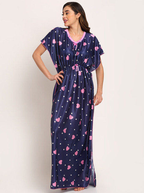 

Sidwa Navy Blue & Pink Satin Printed Maxi Kaftan Nightdress