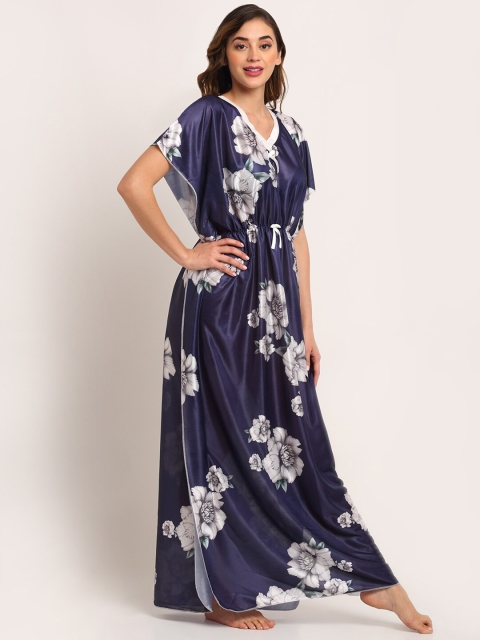 

Sidwa Navy Blue & White Floral Printed Satin Maxi Kaftan Nightdress