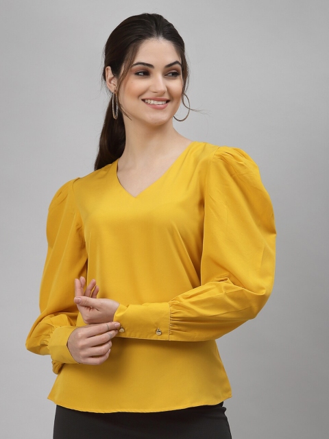 

NEUDIS Yellow Solid Puff Sleeves Regular Crepe Top