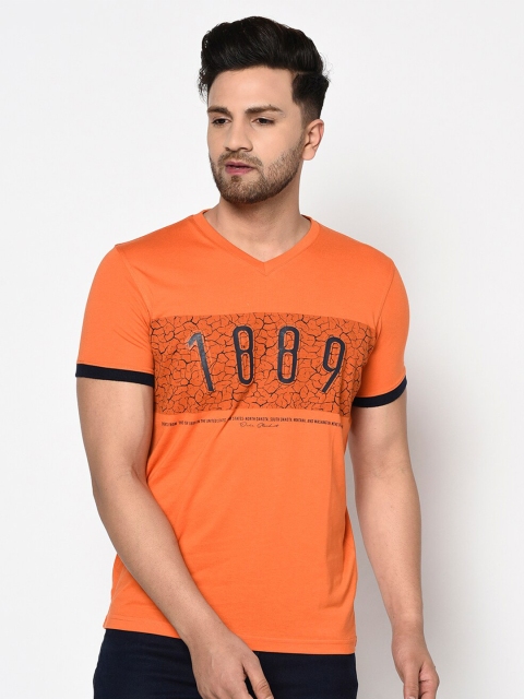 

Duke Men Orange Typography Printed V-Neck Cotton Slim Fit T-shirt