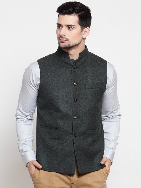 

LUXURAZI Men Green Jodhpuri Bandh Gala Waistcoat