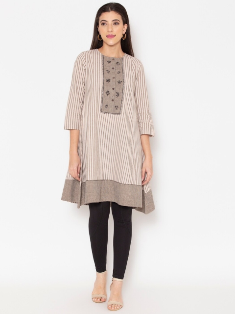 

Ekmatra Women Brown & Off White Striped Khadi Handloom Kurta