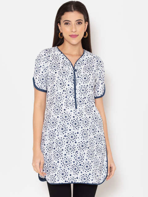

Ekmatra Women White & Navy Blue Floral Printed Cotton Kurta
