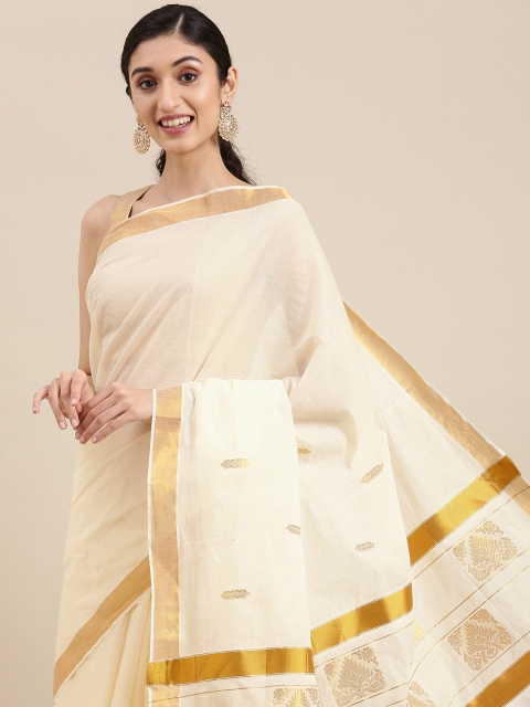 

KALINI White & Golden Pure Cotton Kasavu Saree