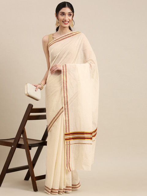 

KALINI White Pure Cotton Saree
