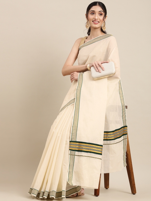 

KALINI White & Green Pure Cotton Kasavu Saree