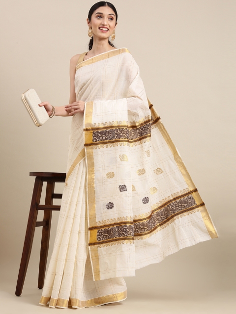 

Pavechas Off White Pure Cotton Kasavu Saree