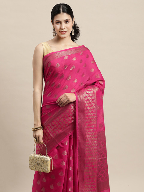 

Saree Swarg Pink & Gold-Toned Ethnic Motifs Zari Silk Cotton Banarasi Sarees