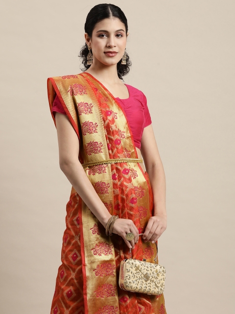 

Saree Swarg Red & Gold-Toned Zari Organza Banarasi Sarees