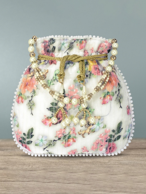 

Peora White & Multicoloured Embroidered Potli Clutch