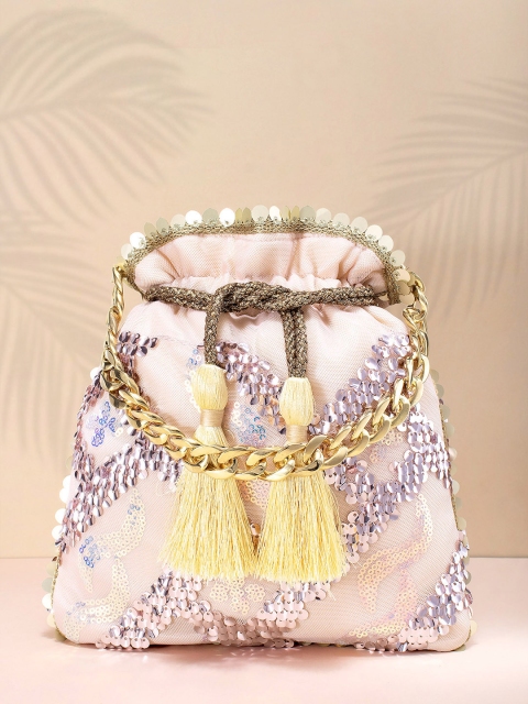 

Peora Peach-Coloured & Purple Embellished Potli Clutch