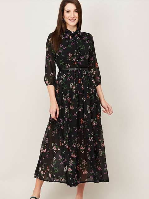 

CODE by Lifestyle Women Black & Pink Floral Tie-Up Neck A-Line Dress