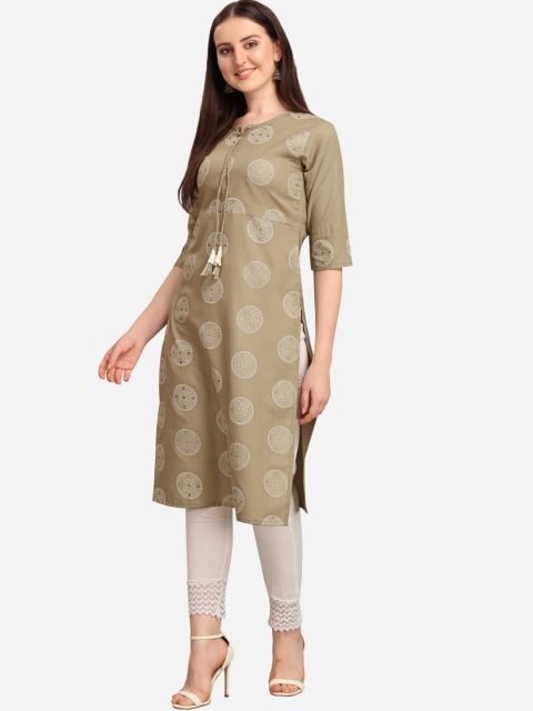 

KALINI Women Grey Cotton Foil Ethnic Motifs Printed Straight Kurta