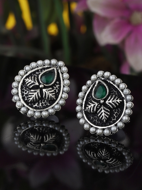 

KOLHA-BY CARLTON Oxidised Silver-Toned & Green Stone Studded Teardrop Studs Earrings