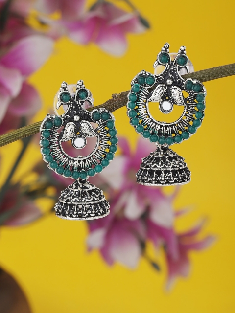 

KOLHA-BY CARLTON Oxidised Silver-Toned & Green Beaded Peacock Shaped Jhumkas Earrings