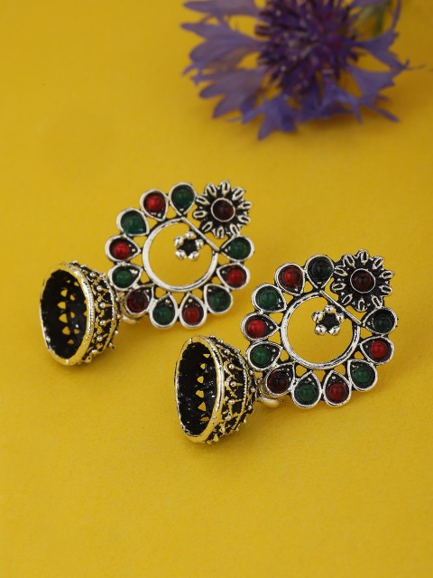 

KOLHA-BY CARLTON Oxdised Silver-Toned & Red Beaded Dome Shaped Jhumkas Earrings