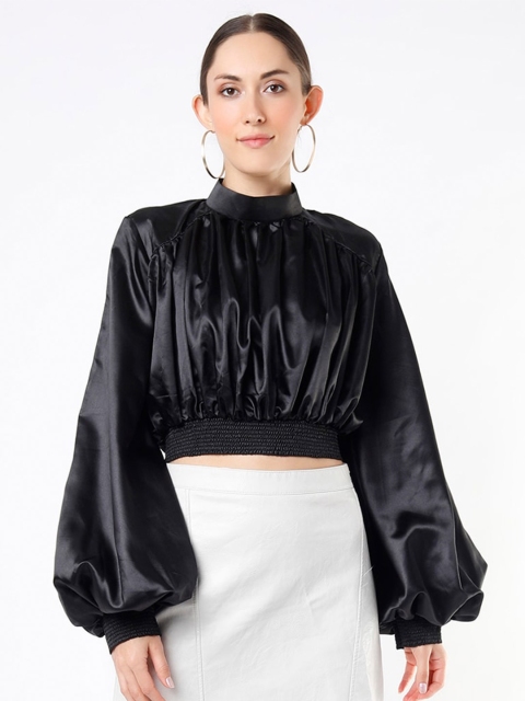 

EMBLAZE Black Bishop Sleeves Satin Crop Blouson Top