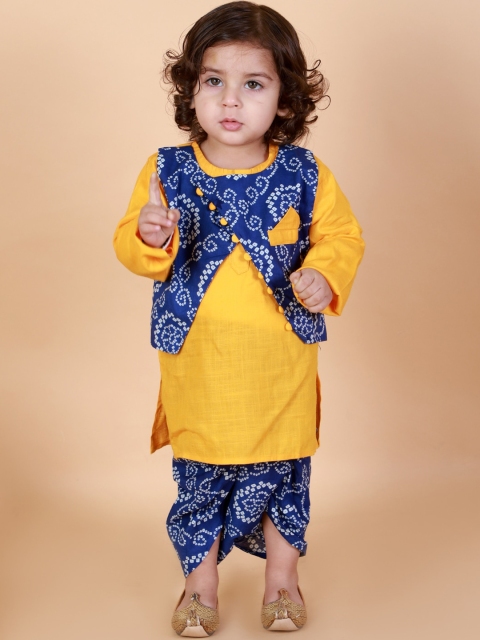 

KID1 Boys Blue Bandhani Printed Layered Pure Cotton Kurti with Dhoti Pants With Jacket