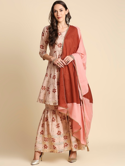 

Anubhutee Women Peach-Coloured & Red Floral Pleated Pure Cotton Kurta & Sharara & Dupatta