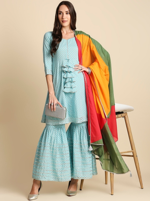 

Anubhutee Women Blue Printed Empire Gotta Patti Pure Cotton Kurti with Sharara & With Dupatta