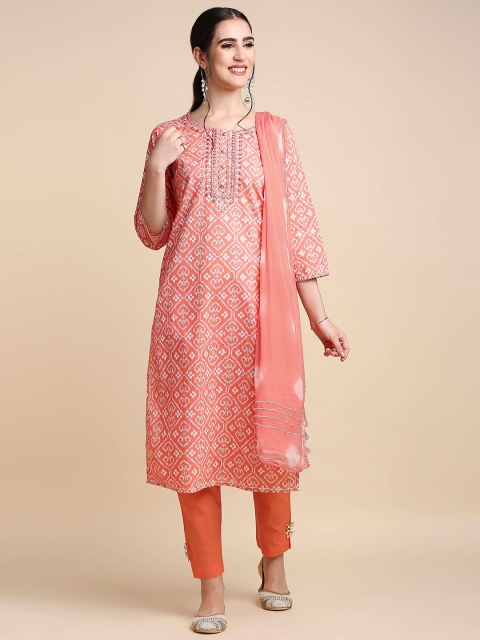 

Anubhutee Women Orange Printed Mirror Work Pure Cotton Kurta with Trousers & With Dupatta