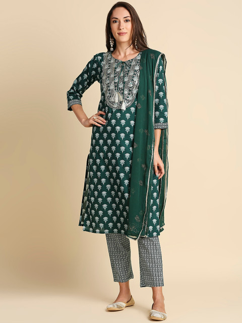 

Anubhutee Women Green & White Floral Printed Pure Cotton Kurta with Trousers & Dupatta