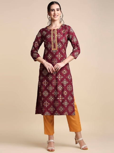 

Anubhutee Women Maroon & Mustard Yellow Ethnic Motifs Printed Kurta with Trousers