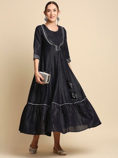 

Anubhutee Navy Blue Striped Ethnic Cotton Midi Dress