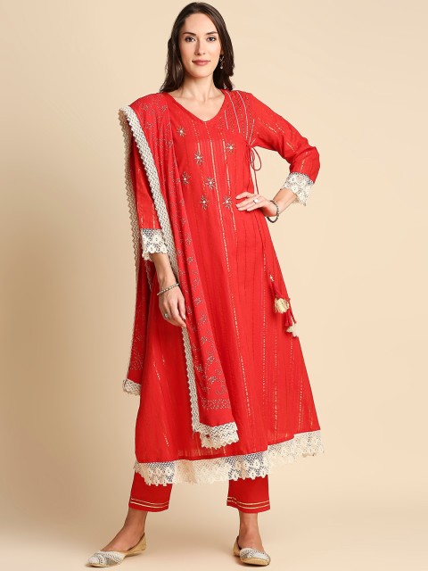 

Anubhutee Women Red Floral Angrakha Beads & Stones Pure Cotton Kurta Set & Dupatta