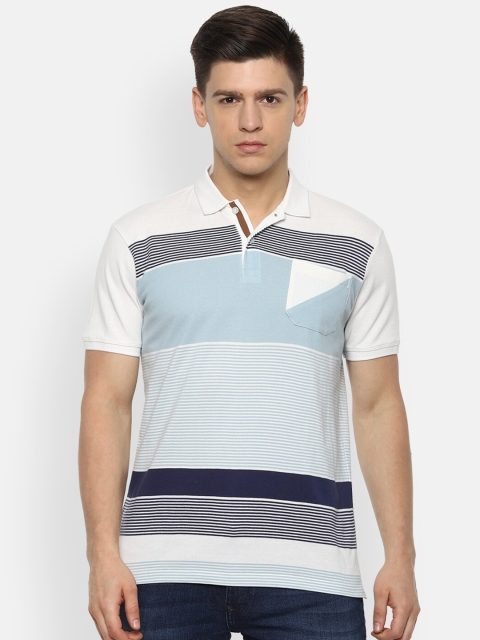 

Louis Philippe Jeans Men White & Turquoise Blue Striped Pure Cotton Slim Fit T-shirt