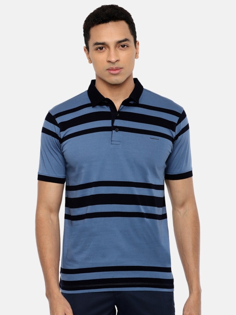 

Van Heusen Men Blue & Navy Blue Striped Polo Collar Cotton T-shirt