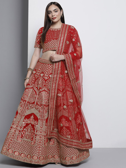 

DRESSTIVE Red & Golden Embroidered Semi-Stitched Lehenga & Unstitched Blouse With Dupatta